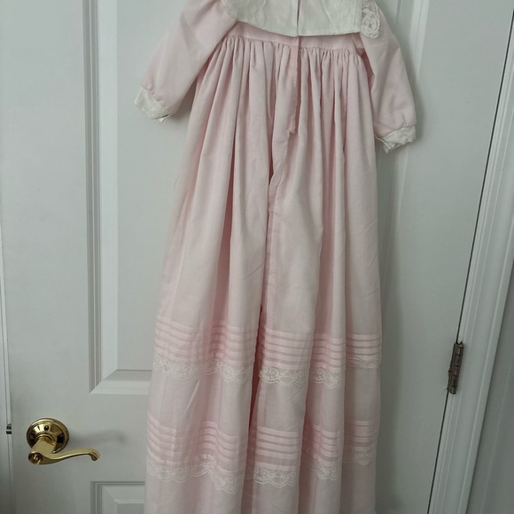 Vintage Baby Girl Pink White Lace Long Christening Gown with Bonnet - Picture 2 of 9